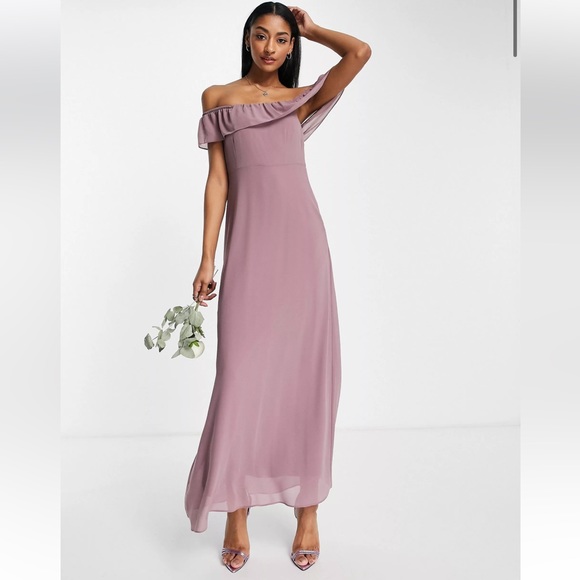Asos off-shoulder maxi bridesmaid dress in purple - Picture 1 of 7